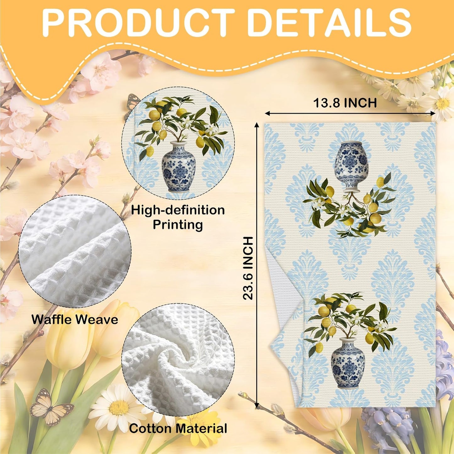 Lemon Kitchen Towels, Blue White Chinoiserie Porcelain Dish Towels, 12 | Decorative Retro Lemon Floral Tea Hand Towel For Bathroom, Pretty Housewarming Gifts For Holiday Thanksgiving Christmas