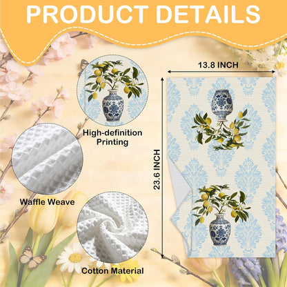 Lemon Kitchen Towels, Blue White Chinoiserie Porcelain Dish Towels, 12 | Decorative Retro Lemon Floral Tea Hand Towel For Bathroom, Pretty Housewarming Gifts For Holiday Thanksgiving Christmas