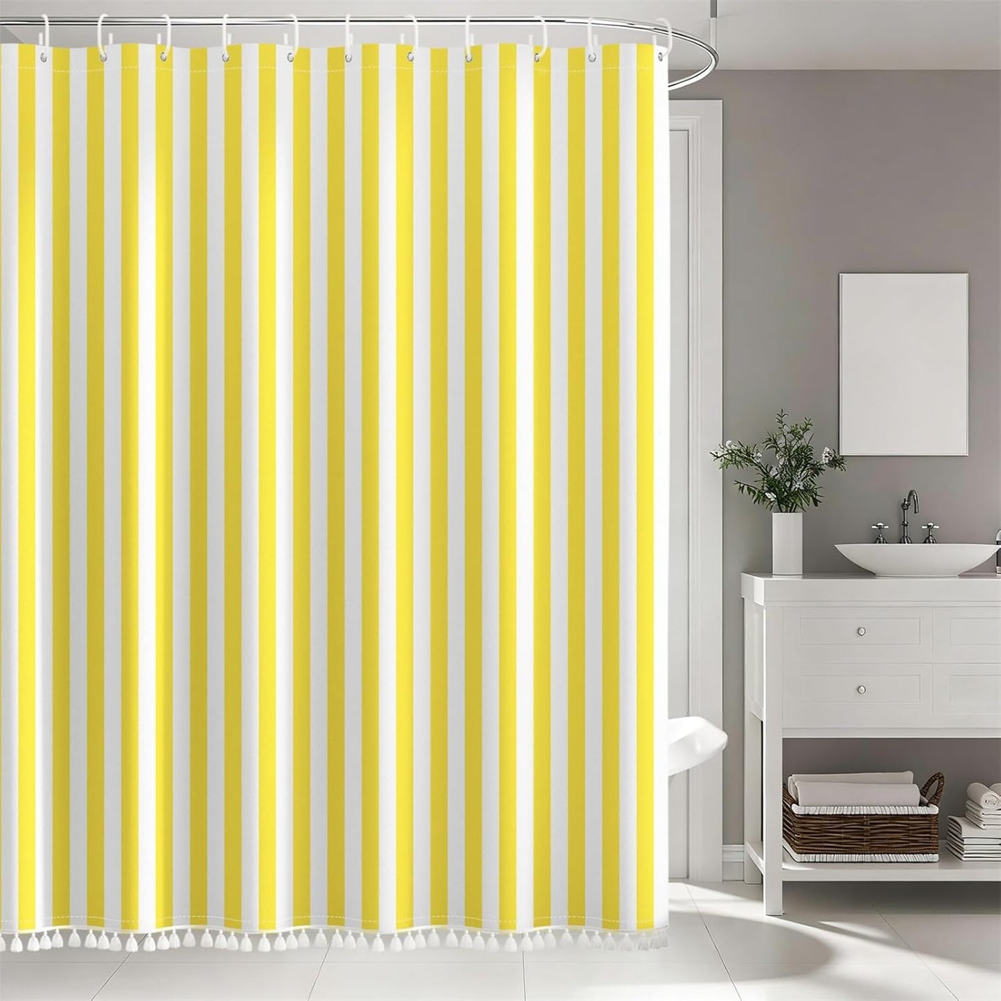 Yellow and White Stripd Shower Curtains for Bathroom Vertical Line Stripes Modern Bath Shower Curtain Set Minimalistic Simple Decorative Bathroom Accessories with 10 Hooks 60x72 Inch