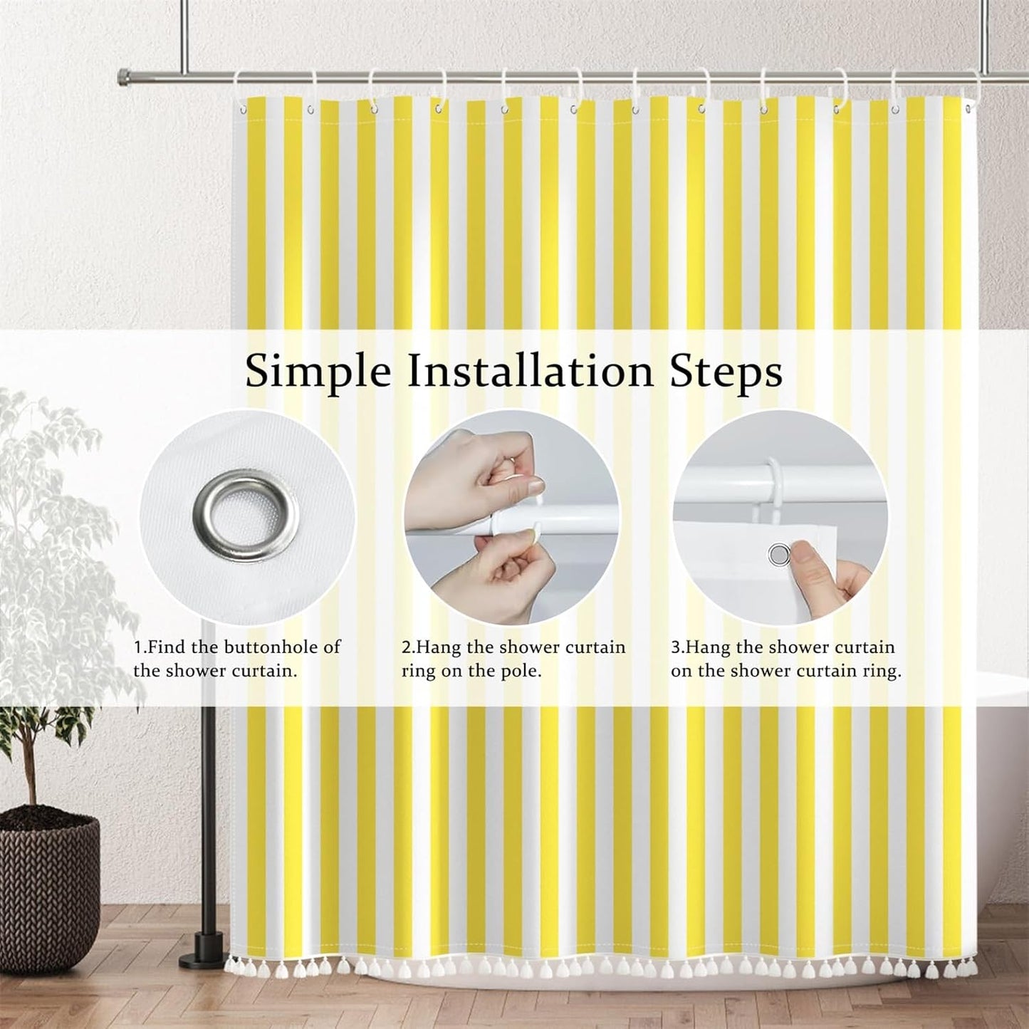Yellow and White Stripd Shower Curtains for Bathroom Vertical Line Stripes Modern Bath Shower Curtain Set Minimalistic Simple Decorative Bathroom Accessories with 10 Hooks 60x72 Inch