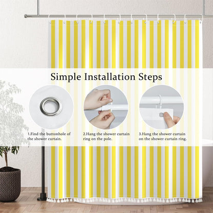 Yellow and White Stripd Shower Curtains for Bathroom Vertical Line Stripes Modern Bath Shower Curtain Set Minimalistic Simple Decorative Bathroom Accessories with 10 Hooks 60x72 Inch