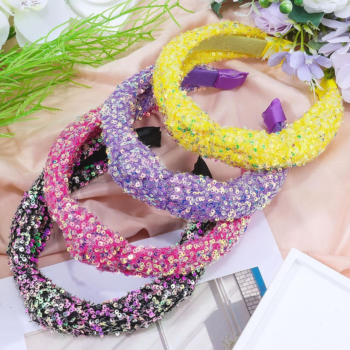 Headbands for Girls Women, 4Pcs Glitter Sequins Rainbow Headbands Women Girls Sparkly Headband Black Yellow Red Purple Hairbands for Girls Hair Accessories for Back to School or Daily Outfits