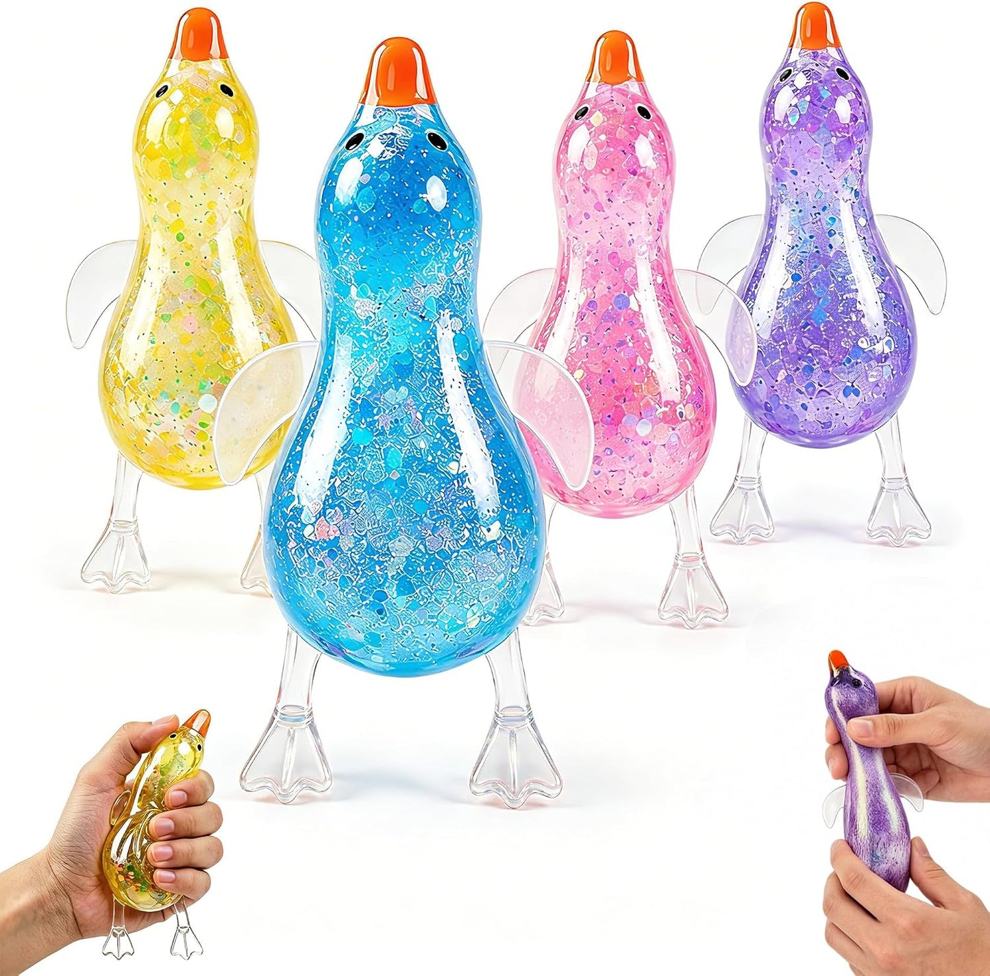 Glitter Duck Squishy Toys,4 Pc Stress Relief Squeeze Sensory Fidget Gift | Cute Duck Squishy,Soft Squeeze Sensory Fidget Stress Relief Balls for Kids Adults,Slow Rising Party Easter Basket Stuffers
