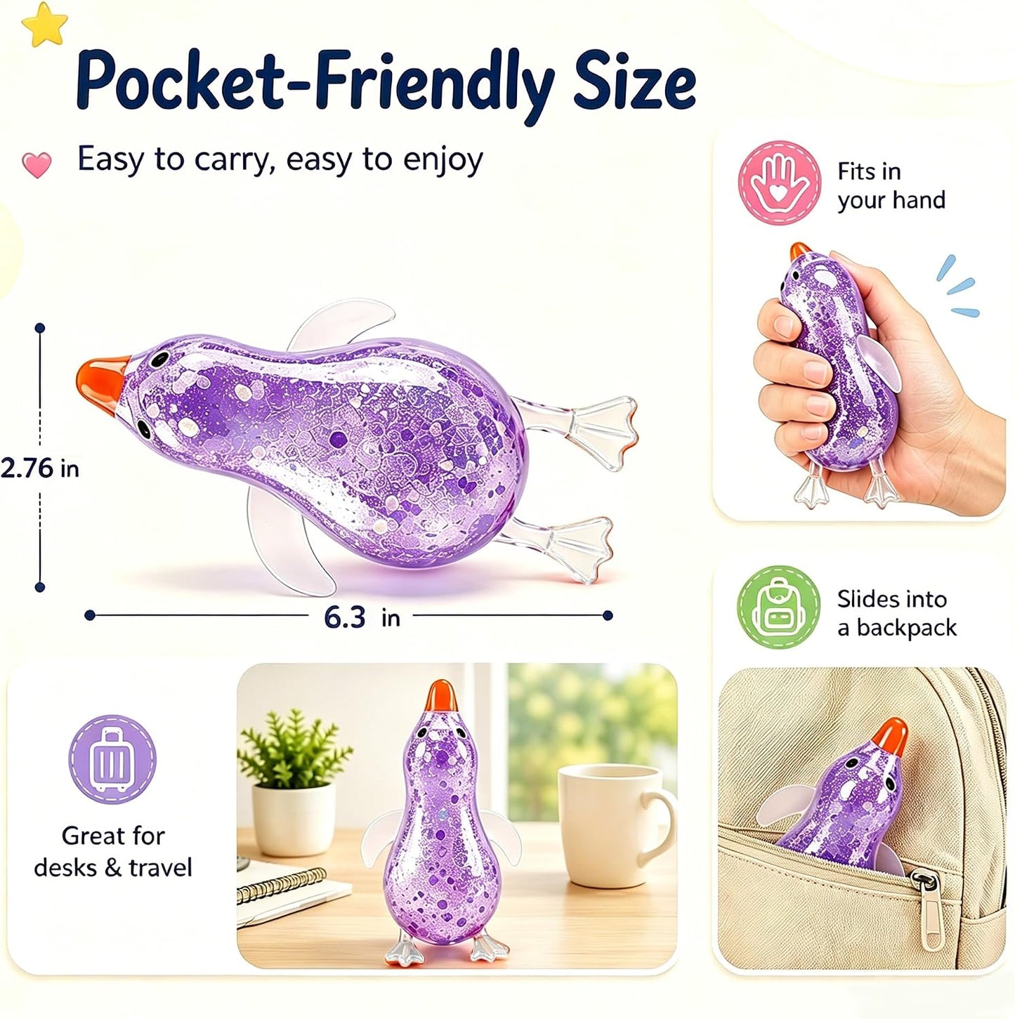 Glitter Duck Squishy Toys,4 Pc Stress Relief Squeeze Sensory Fidget Gift | Cute Duck Squishy,Soft Squeeze Sensory Fidget Stress Relief Balls for Kids Adults,Slow Rising Party Easter Basket Stuffers
