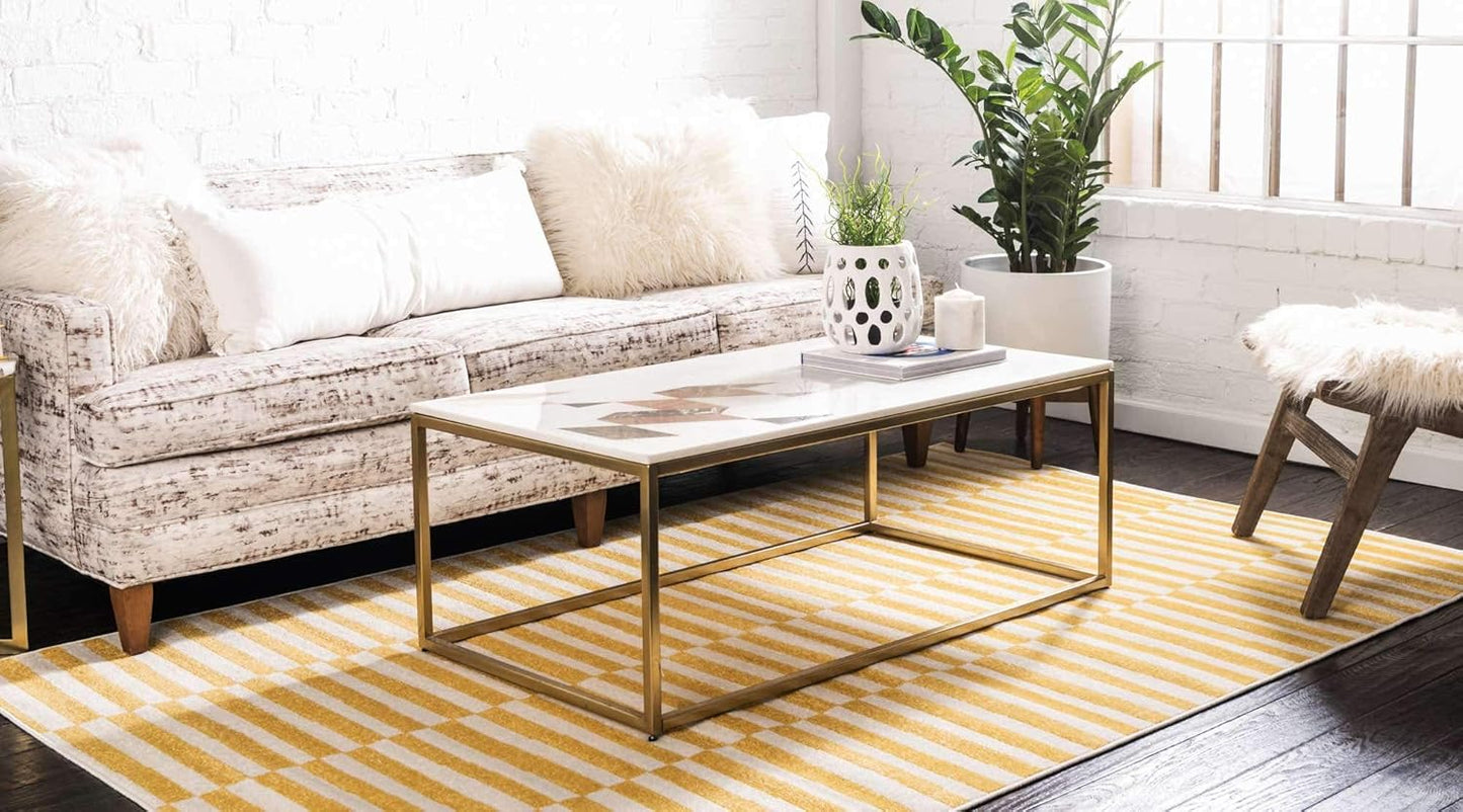 Williamsburg Collection Casual Transitional Thick Alternating Stripes Area Rug (4' 1 x 6' 1 Rectangular, Yellow/Beige)