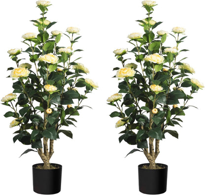 MARCH WIND 3FT Light Yellow Artificial Camellia Plants 2 Pack with Pots, Faux Flowering Tree for Indoor Outdoor Home Decor, Fake Potted Plant for Living Room, Porch, Patio