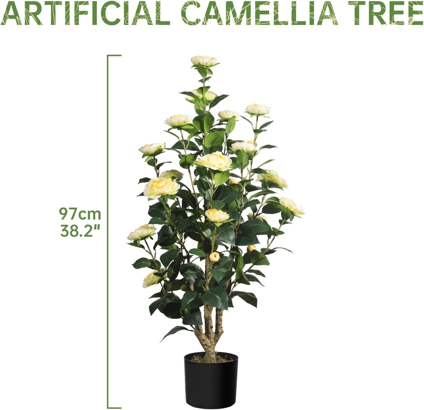 MARCH WIND 3FT Light Yellow Artificial Camellia Plants 2 Pack with Pots, Faux Flowering Tree for Indoor Outdoor Home Decor, Fake Potted Plant for Living Room, Porch, Patio