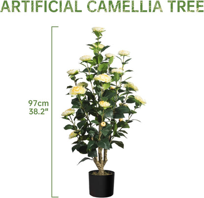MARCH WIND 3FT Light Yellow Artificial Camellia Plants 2 Pack with Pots, Faux Flowering Tree for Indoor Outdoor Home Decor, Fake Potted Plant for Living Room, Porch, Patio