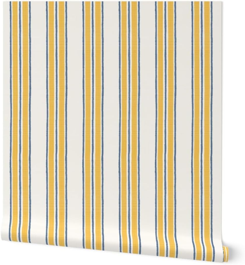 Ticking Stripe Pre-Pasted Removable Wallpaper | Sample 12" x 24" | Classic Timeless Blue Yellow Cream | Self-adhesive, removable and renter-friendly