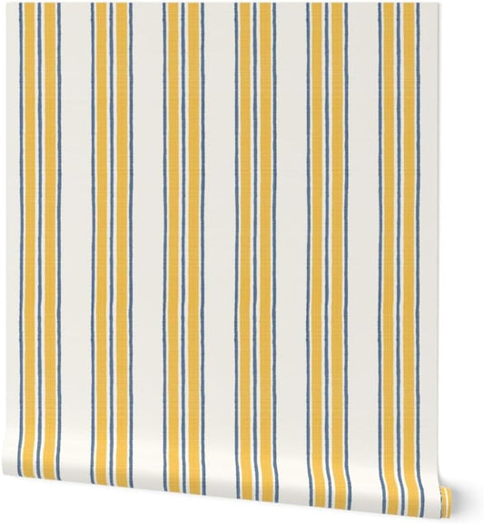 Ticking Stripe Pre-Pasted Removable Wallpaper | Sample 12" x 24" | Classic Timeless Blue Yellow Cream | Self-adhesive, removable and renter-friendly