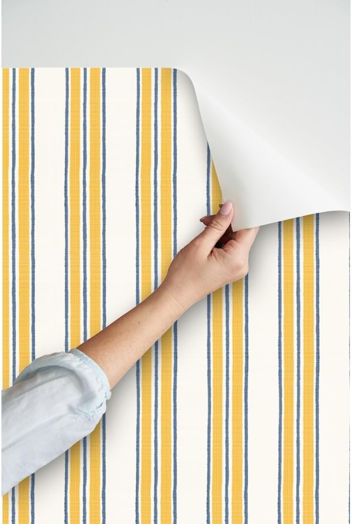 Ticking Stripe Pre-Pasted Removable Wallpaper | Sample 12" x 24" | Classic Timeless Blue Yellow Cream | Self-adhesive, removable and renter-friendly