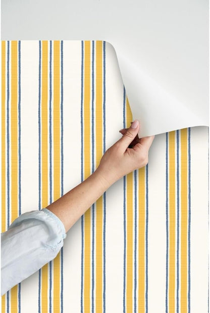 Ticking Stripe Pre-Pasted Removable Wallpaper | Sample 12" x 24" | Classic Timeless Blue Yellow Cream | Self-adhesive, removable and renter-friendly