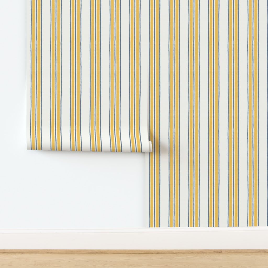 Ticking Stripe Pre-Pasted Removable Wallpaper | Sample 12" x 24" | Classic Timeless Blue Yellow Cream | Self-adhesive, removable and renter-friendly