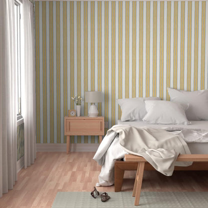 Ticking Stripe Pre-Pasted Removable Wallpaper | Sample 12" x 24" | Classic Timeless Blue Yellow Cream | Self-adhesive, removable and renter-friendly
