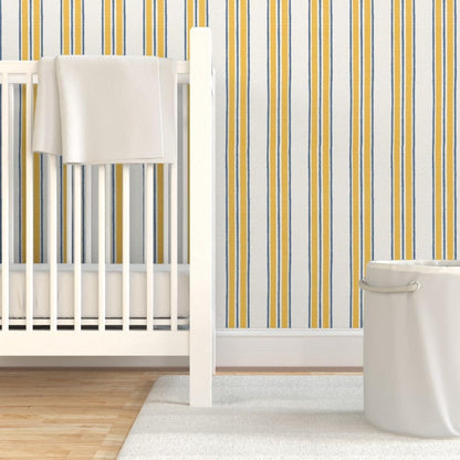 Ticking Stripe Pre-Pasted Removable Wallpaper | Sample 12" x 24" | Classic Timeless Blue Yellow Cream | Self-adhesive, removable and renter-friendly