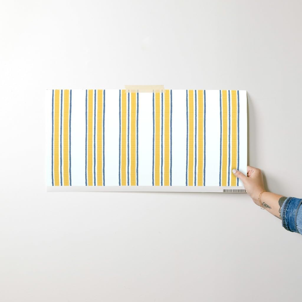 Ticking Stripe Pre-Pasted Removable Wallpaper | Sample 12" x 24" | Classic Timeless Blue Yellow Cream | Self-adhesive, removable and renter-friendly