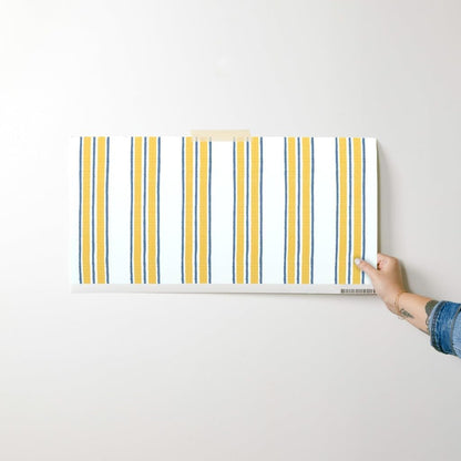 Ticking Stripe Pre-Pasted Removable Wallpaper | Sample 12" x 24" | Classic Timeless Blue Yellow Cream | Self-adhesive, removable and renter-friendly