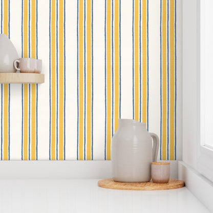 Ticking Stripe Pre-Pasted Removable Wallpaper | Sample 12" x 24" | Classic Timeless Blue Yellow Cream | Self-adhesive, removable and renter-friendly
