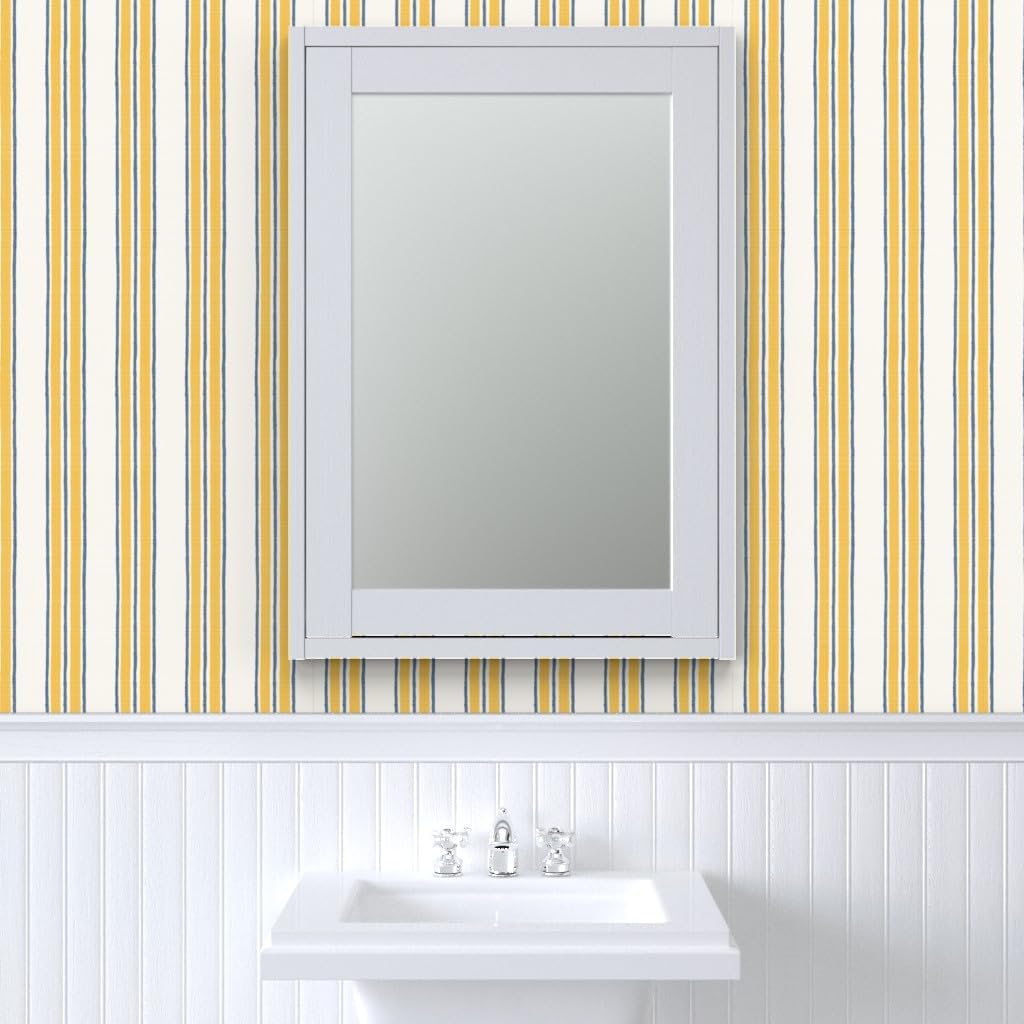 Ticking Stripe Pre-Pasted Removable Wallpaper | Sample 12" x 24" | Classic Timeless Blue Yellow Cream | Self-adhesive, removable and renter-friendly