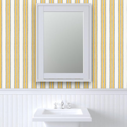 Ticking Stripe Pre-Pasted Removable Wallpaper | Sample 12" x 24" | Classic Timeless Blue Yellow Cream | Self-adhesive, removable and renter-friendly