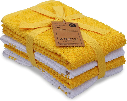 Kitchen Towels Pack of 4 - Absorbent, Quick Drying Premium Cotton Tea Towel - Kitchen Linens 16x28 Inch Dish Towels with Hanging Loop (Yellow)