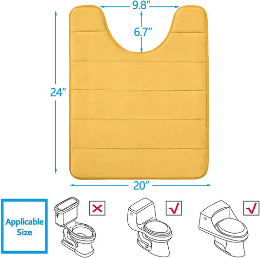 Memory Foam U-Shaped Contour Toilet Rugs, Absorbent, Thick Soft Washable Bathroom Mat, Floor Carpet Bath Rugs Mat for Toilet Base (24" x 20", Yellow)