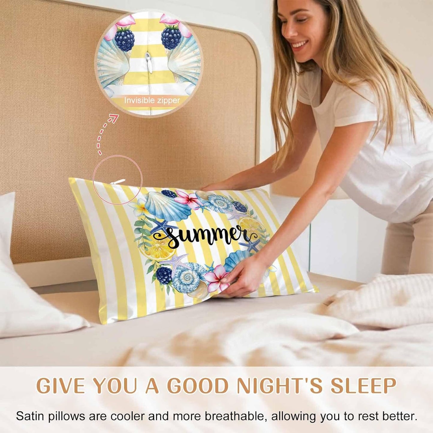 Summer Standard Pillowcase Set of 2, Lemons Starfish Flower Stripes Yellow Satin Pillow Case Cover with Smooth Hidden Zipper Closure, Soft Throw Pillow Covers Cases for Home Decoration 20 X 26 Inches