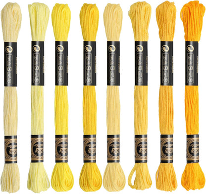 8 Skeins Cotton Embroidery Floss, Cross Stitch Thread Fiber Cotton of 8.75yds for Hand Embroidery DIY Creation and Friendship Bracelet String（Yellow Mix）