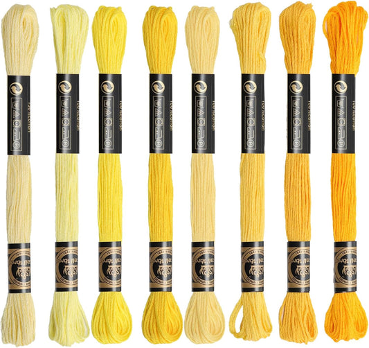 8 Skeins Cotton Embroidery Floss, Cross Stitch Thread Fiber Cotton of 8.75yds for Hand Embroidery DIY Creation and Friendship Bracelet String（Yellow Mix）