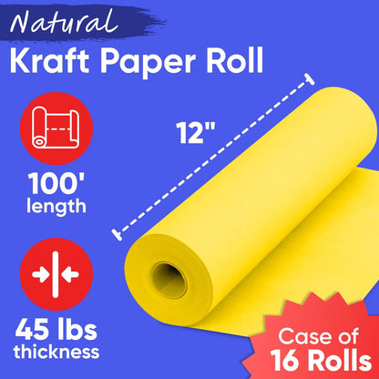 12" x 1200" (100 ft) Yellow Kraft Paper (Case of 16 Rolls) | 45 lbs Thickness, Made in USA Kraft Paper for School, Art Colored Paper, Gift Wrapping, Packing, Bulletin Board