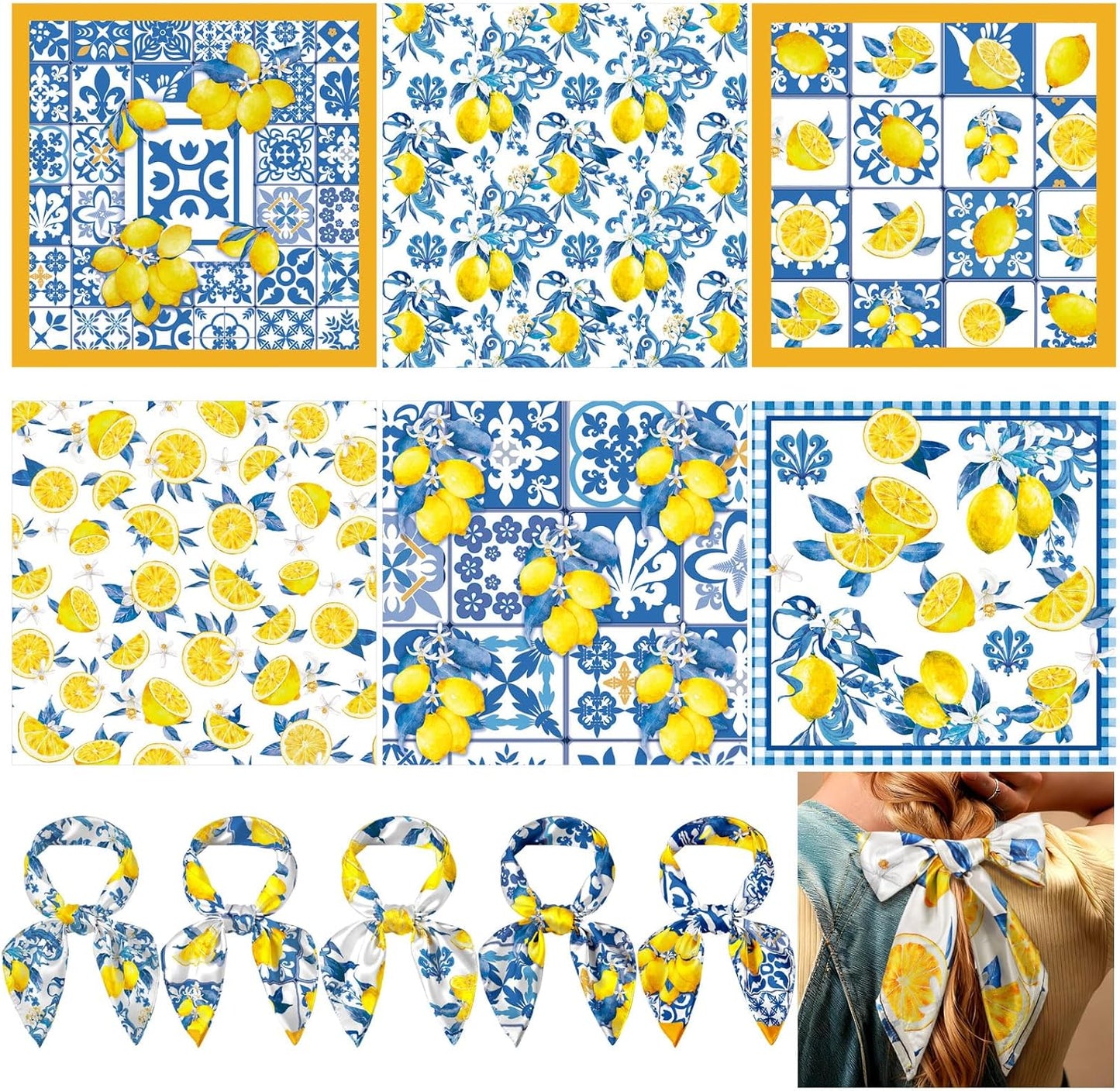 6 Pcs 27.56 Inch Silk Square Lemon Scarf Head Neck Purse Bag Scarves Gift Accessories for Women Wedding Travel Yoga