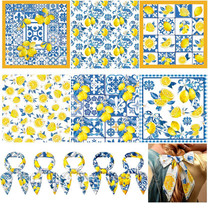 6 Pcs 27.56 Inch Silk Square Lemon Scarf Head Neck Purse Bag Scarves Gift Accessories for Women Wedding Travel Yoga