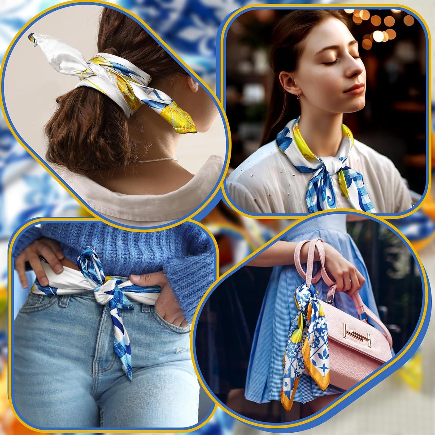 6 Pcs 27.56 Inch Silk Square Lemon Scarf Head Neck Purse Bag Scarves Gift Accessories for Women Wedding Travel Yoga