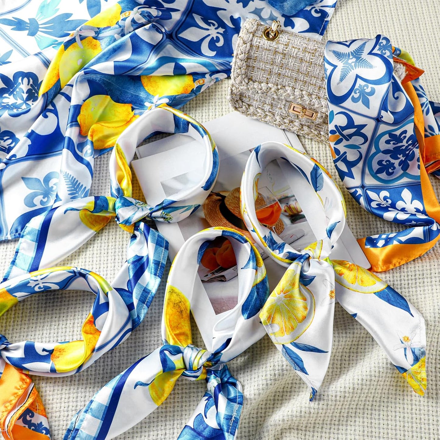 6 Pcs 27.56 Inch Silk Square Lemon Scarf Head Neck Purse Bag Scarves Gift Accessories for Women Wedding Travel Yoga