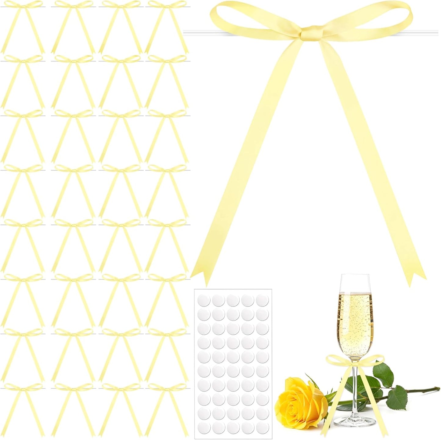 50 Pcs Pastel Yellow Satin Ribbon Bows – 5" x 7" (0.4" Wide) Slim Gift Bows with Twist Ties & Adhesive Dots for Cake Decorating, Gift Wrapping, Weddings, Baby Showers, Christmas Tree & Party Favors