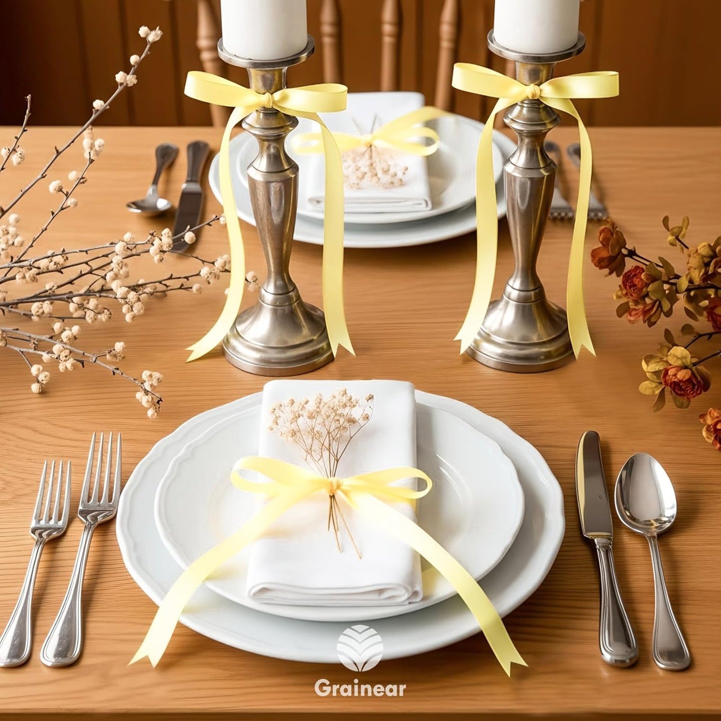 50 Pcs Pastel Yellow Satin Ribbon Bows – 5" x 7" (0.4" Wide) Slim Gift Bows with Twist Ties & Adhesive Dots for Cake Decorating, Gift Wrapping, Weddings, Baby Showers, Christmas Tree & Party Favors