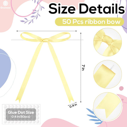 50 Pcs Pastel Yellow Satin Ribbon Bows – 5" x 7" (0.4" Wide) Slim Gift Bows with Twist Ties & Adhesive Dots for Cake Decorating, Gift Wrapping, Weddings, Baby Showers, Christmas Tree & Party Favors