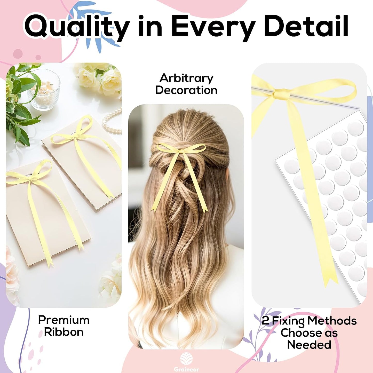 50 Pcs Pastel Yellow Satin Ribbon Bows – 5" x 7" (0.4" Wide) Slim Gift Bows with Twist Ties & Adhesive Dots for Cake Decorating, Gift Wrapping, Weddings, Baby Showers, Christmas Tree & Party Favors