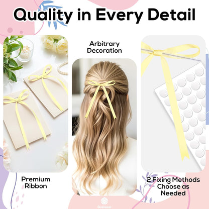 50 Pcs Pastel Yellow Satin Ribbon Bows – 5" x 7" (0.4" Wide) Slim Gift Bows with Twist Ties & Adhesive Dots for Cake Decorating, Gift Wrapping, Weddings, Baby Showers, Christmas Tree & Party Favors
