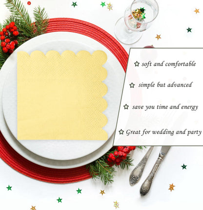 100 Pieces 2-Ply Yellow Scalloped Napkins Folded 5 x 5 inch Disposable Cocktail Napkins Paper Napkins for Dinner Wedding Birthday Party Yellow Beverage Napkins