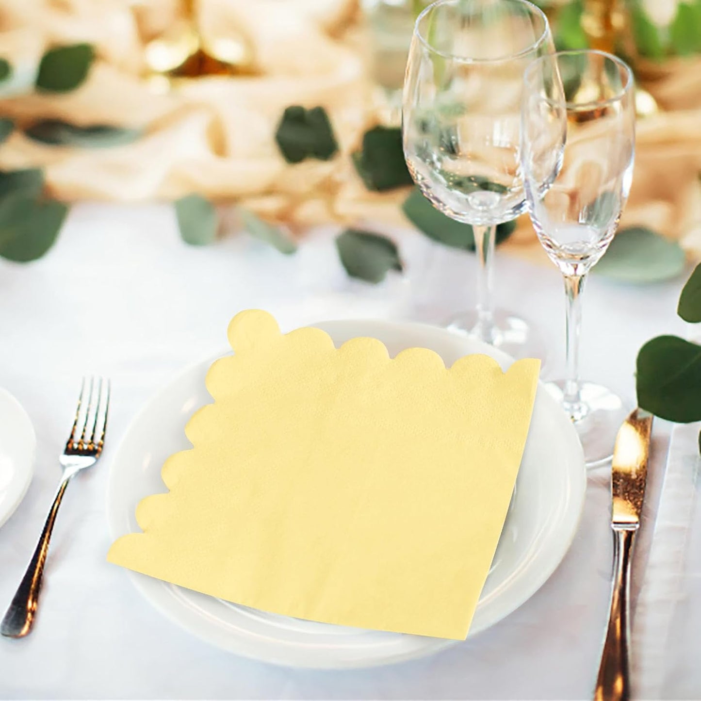 100 Pieces 2-Ply Yellow Scalloped Napkins Folded 5 x 5 inch Disposable Cocktail Napkins Paper Napkins for Dinner Wedding Birthday Party Yellow Beverage Napkins