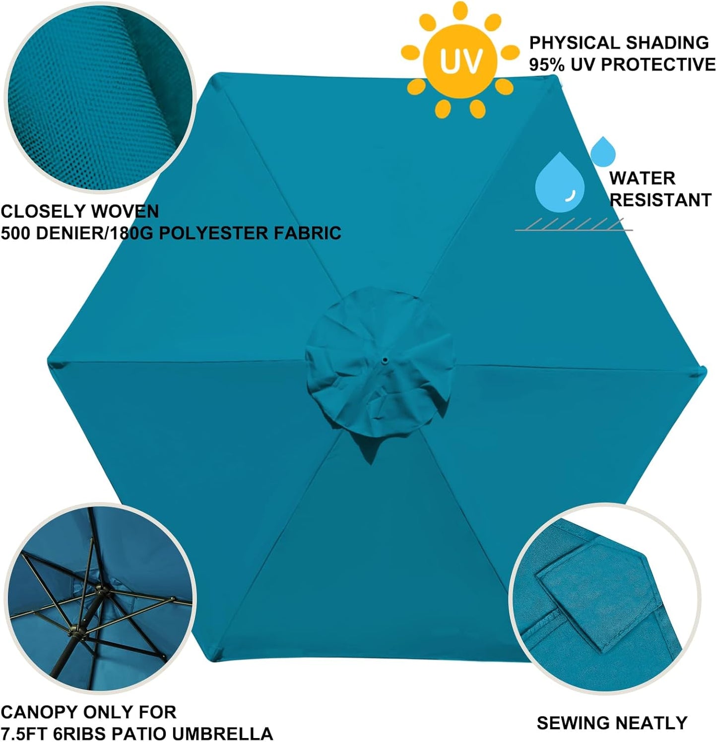 USA 7.5FT Replacement Covers 6 Ribs Market Patio Umbrella Canopy Cover (CANOPY ONLY) (Teal)