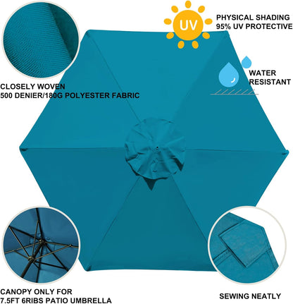 USA 7.5FT Replacement Covers 6 Ribs Market Patio Umbrella Canopy Cover (CANOPY ONLY) (Teal)