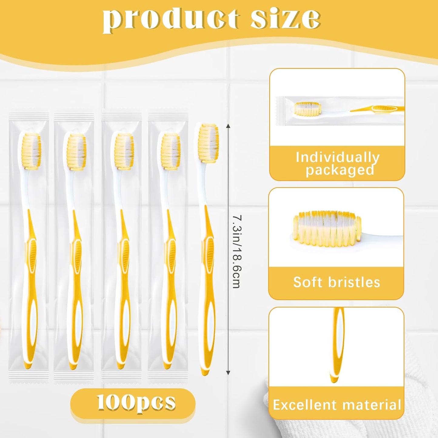 100 Pcs Prepasted Disposable Toothbrushes Individually Wrapped Pre Pasted Soft Bristle Tooth Brush Travel Toothbrush for Camping Guestroom Car Office School Hotel Homeless Gifts (Yellow)