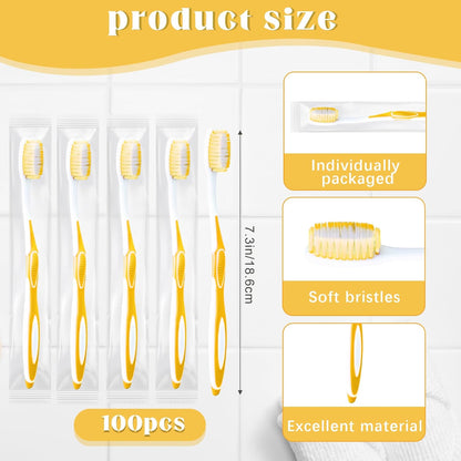 100 Pcs Prepasted Disposable Toothbrushes Individually Wrapped Pre Pasted Soft Bristle Tooth Brush Travel Toothbrush for Camping Guestroom Car Office School Hotel Homeless Gifts (Yellow)