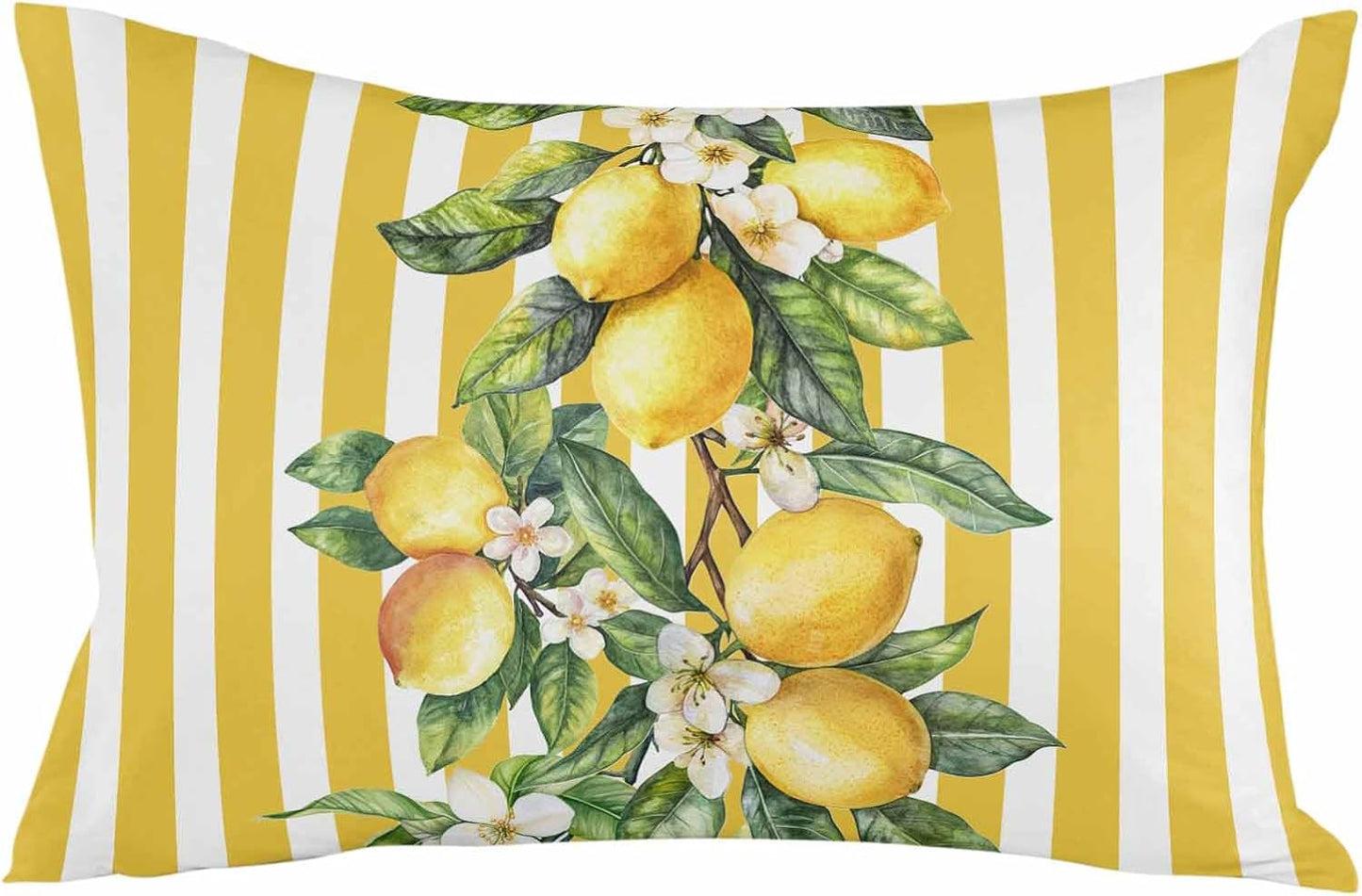 Satin Pillowcase Standard Pillow Cover 20 x 26 Inch Summer Lemon Flowers Leaves Yellow White Stripes Lumbar Pillow Cases Rectangular Decorative Pillow Shams for Bed Sofa Guest Room
