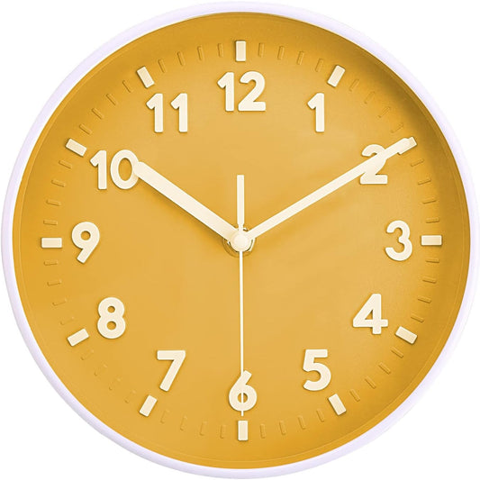 8 Inch Round Quiet Wall Clock Easy Read Big Numbers Kitchen Modern Non-Ticking Decorative Wall Clock for Bedroom Office School-Yellow