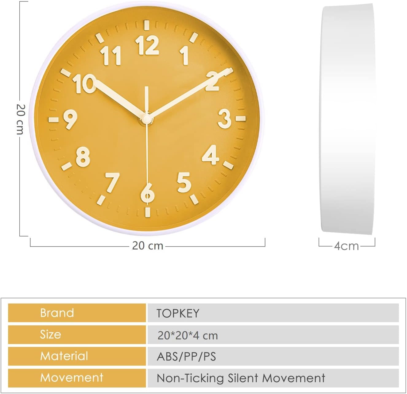 8 Inch Round Quiet Wall Clock Easy Read Big Numbers Kitchen Modern Non-Ticking Decorative Wall Clock for Bedroom Office School-Yellow