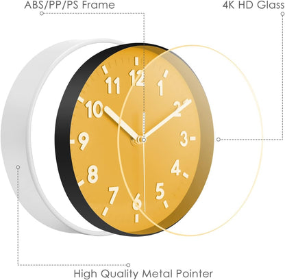8 Inch Round Quiet Wall Clock Easy Read Big Numbers Kitchen Modern Non-Ticking Decorative Wall Clock for Bedroom Office School-Yellow
