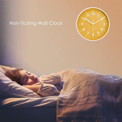 8 Inch Round Quiet Wall Clock Easy Read Big Numbers Kitchen Modern Non-Ticking Decorative Wall Clock for Bedroom Office School-Yellow